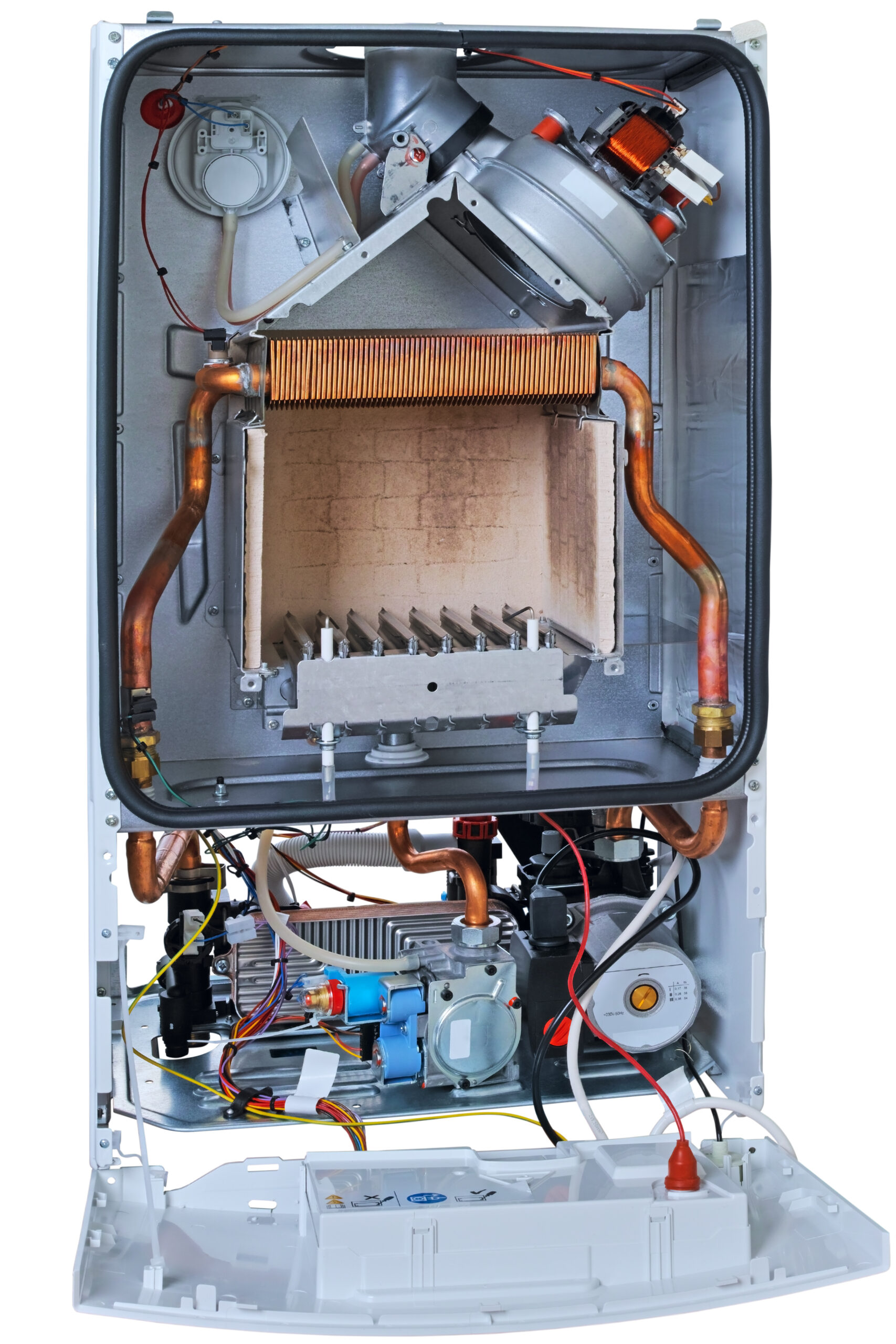 Internal view of the gas boiler to heat your home and hot water. Isolated on white background. The quality of medium format